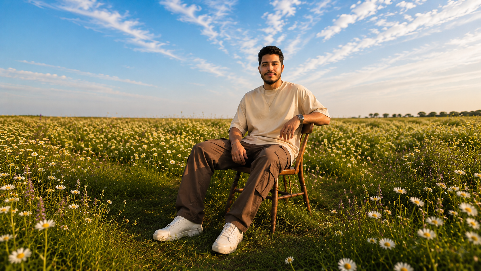 Retrato do designer sentado em um campo florido